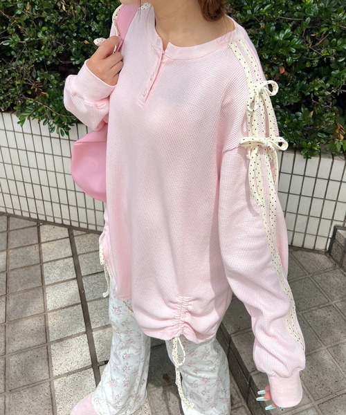 WC（ダブル シー）の「ドットラインリボンワッフルロンT（Tシャツ/カットソー・レディース・サックスブルー/ピンク/グレー・FREE）」の16枚目の写真