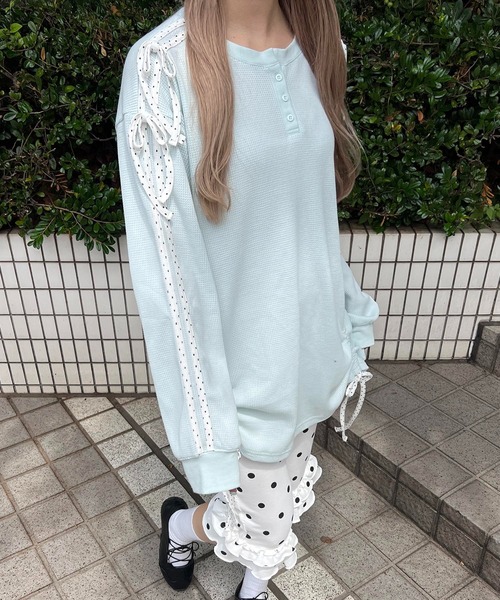 WC（ダブル シー）の「ドットラインリボンワッフルロンT（Tシャツ/カットソー・レディース・サックスブルー/ピンク/グレー・FREE）」の10枚目の写真