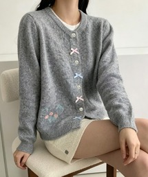 リボン&フラワー刺繍ニットカーディガン