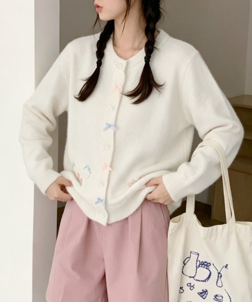 LEMOA(レモア)の「リボン&フラワー刺繍ニットカーディガン(カーディガン/ボレロ・レディース・ピンク/ホワイト/グレー・FREE)」の12枚目の写真