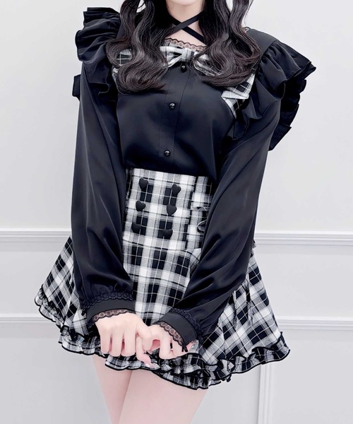 MA*RS(アメーバーマーズ)の「サテンリボンチェックブラウス(シャツ/ブラウス・レディース・ホワイト/ブラック/ブラック×ホワイト・FREE)」の3枚目の写真