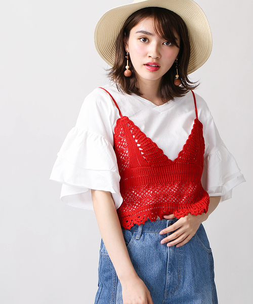WEGO（ウィゴー）の「WEGO/カギ編みキャミソール（キャミソール・レディース・レッド/ホワイト・FREE）」の2枚目の写真