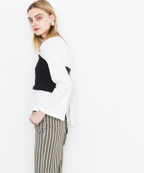 STUDIOUS(ステュディオス)の「【STUDIOUS】ニットビスチェ付カットソー(Tシャツ/カットソー・レディース・ブラック/カーキ・FREE)」の4枚目の写真