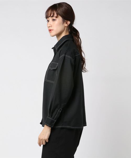 WEGO（ウィゴー）の「WEGO/ステッチポケットシャツジャケット（シャツ/ブラウス・レディース・ブラック/パープル/ブラック系その他2・FREE）」の4枚目の写真
