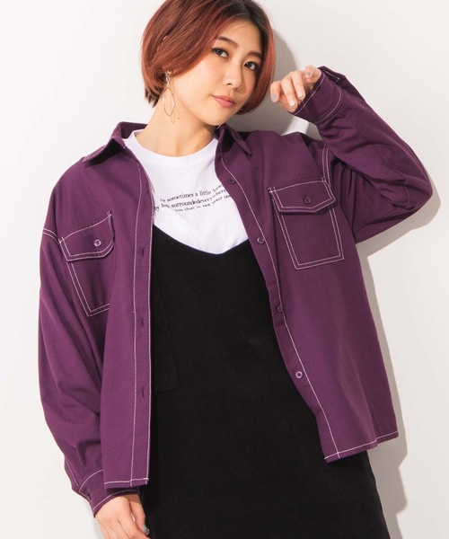 WEGO（ウィゴー）の「WEGO/ステッチポケットシャツジャケット（シャツ/ブラウス・レディース・ブラック/パープル/ブラック系その他2・FREE）」の3枚目の写真
