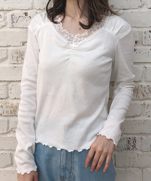one after another NICE CLAUP(ワンアフターアナザーナイスクラップ)の「くしゅっと長袖リボンインナー(Tシャツ/カットソー・レディース・ベージュ/ブラウン/オフホワイト/ピンク・FREE)」の1枚目の写真