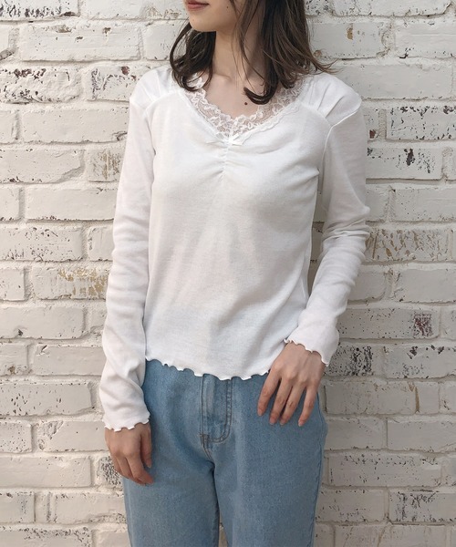 one after another NICE CLAUP(ワンアフターアナザーナイスクラップ)の「くしゅっと長袖リボンインナー(Tシャツ/カットソー・レディース・ベージュ/ブラウン/オフホワイト/ピンク・FREE)」の16枚目の写真