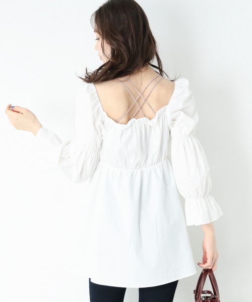 Heather（ヘザー）の「コットンギャザーチュニック　893858（シャツ/ブラウス・レディース・ホワイト/ネイビー・FREE）」の3枚目の写真