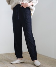 2020 A/W ケーブル編みジョガーニットパンツ/ウエストゴムリラックス裾リブニットパンツ