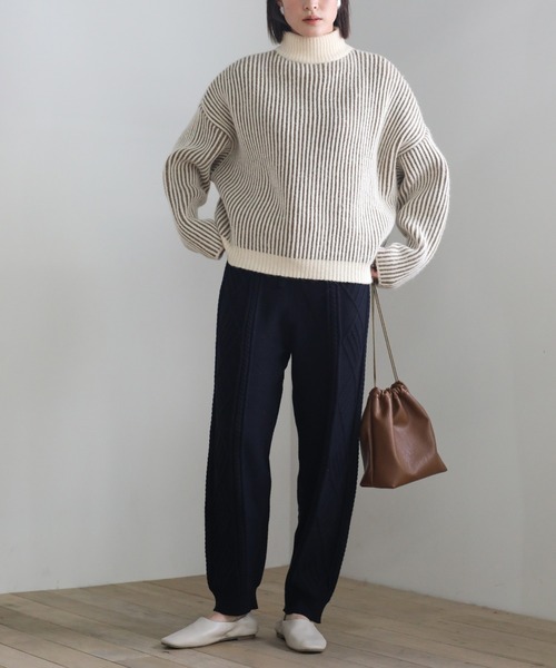 2020 A/W ケーブル編みジョガーニットパンツ/ウエストゴムリラックス裾