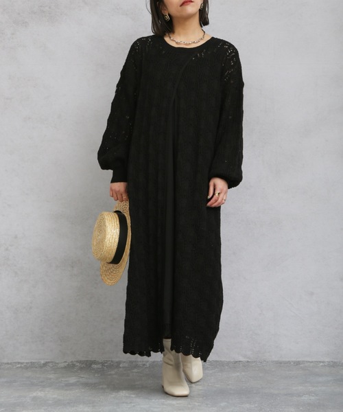 7【美品】Aga Aラインシルエットワンピース　黒　ヤマダヤ　日本製 MARZOTTO ダイヤジャカード 7分袖Aラインワンピース