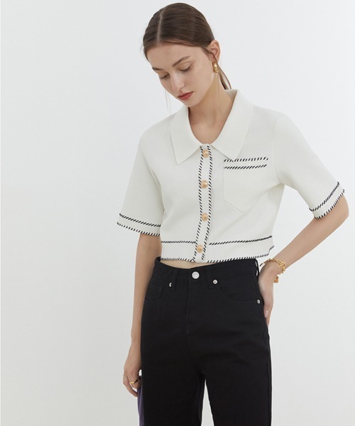 Fano Studios（ファノ ストゥディオズ）の「【Fano Studios】Gold button short Knit jacket FX21S150（ニット/セーター・レディース・ブラック/ホワイト・L/S/M）」の4枚目の写真