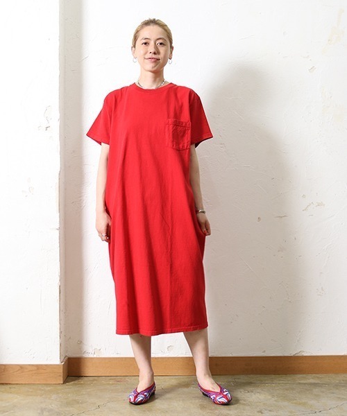 Goodwear(Since1983)（グッドウェア）の「S/S POCKET ONEPIECE LONG / ショートスリーブポケット　ワンピース　ロング     SALE（ワンピース・レディース・チェリーピンク/レッド/杢グレー/ブラウン/アクア・MEDIUM）」の5枚目の写真