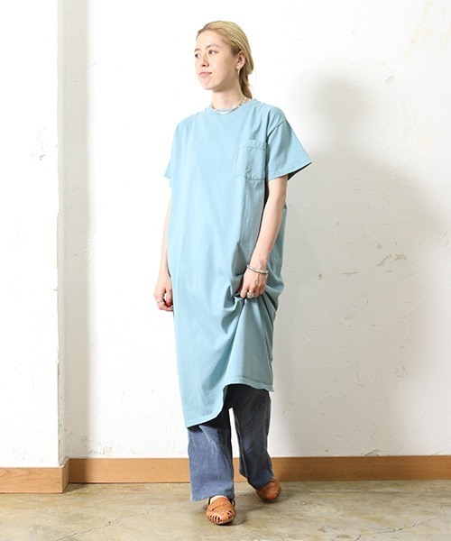 Goodwear(Since1983)（グッドウェア）の「S/S POCKET ONEPIECE LONG / ショートスリーブポケット　ワンピース　ロング     SALE（ワンピース・レディース・チェリーピンク/レッド/杢グレー/ブラウン/アクア・MEDIUM）」の4枚目の写真