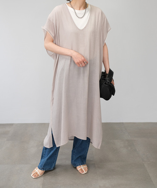 ＡＮＤＪ（アンドジェイ）の「楊柳シフォンパイピングカフタンワンピース（ワンピース・レディース・ベージュ系その他/ブラック/ライトブルー/ライトグレー・M）」の3枚目の写真