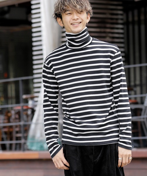 Beno(ビーノ)の「マイクロスムース ボーダータートルネック カットソー(Tシャツ/カットソー・メンズ・ホワイト×ブラック/ブラック×ホワイト・L/LL/M)」の5枚目の写真