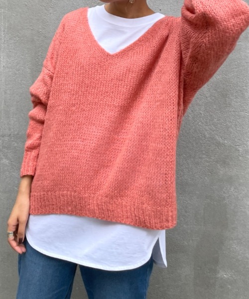 BONbazaar（ボンバザール）の「★OT★【ZOZO限定】シアー天竺Vネックニット（ニット/セーター・レディース・ブルー/ブルー系その他/サーモンピンク・FREE）」の10枚目の写真