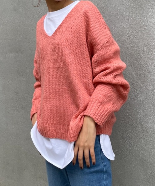 BONbazaar（ボンバザール）の「★OT★【ZOZO限定】シアー天竺Vネックニット（ニット/セーター・レディース・ブルー/ブルー系その他/サーモンピンク・FREE）」の11枚目の写真