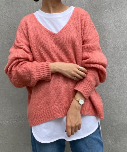 BONbazaar（ボンバザール）の「★OT★【ZOZO限定】シアー天竺Vネックニット（ニット/セーター・レディース・ブルー/ブルー系その他/サーモンピンク・FREE）」の12枚目の写真