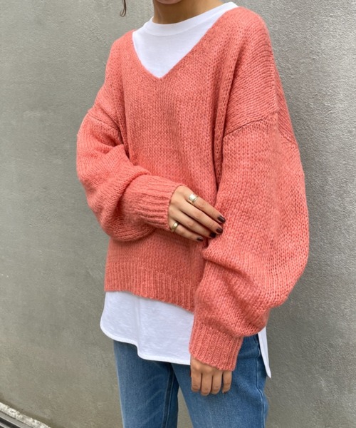 BONbazaar（ボンバザール）の「★OT★【ZOZO限定】シアー天竺Vネックニット（ニット/セーター・レディース・ブルー/ブルー系その他/サーモンピンク・FREE）」の14枚目の写真