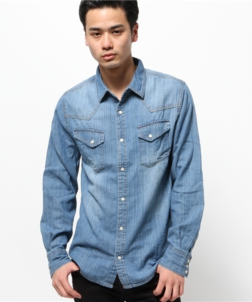 WEGO(ウィゴー)の「WEGO/デニムウエスタンシャツ(シャツ/ブラウス・メンズ・ダークインディゴブルー/ライトインディゴブルー/ブルー・MEDIUM/LARGE)」の5枚目の写真