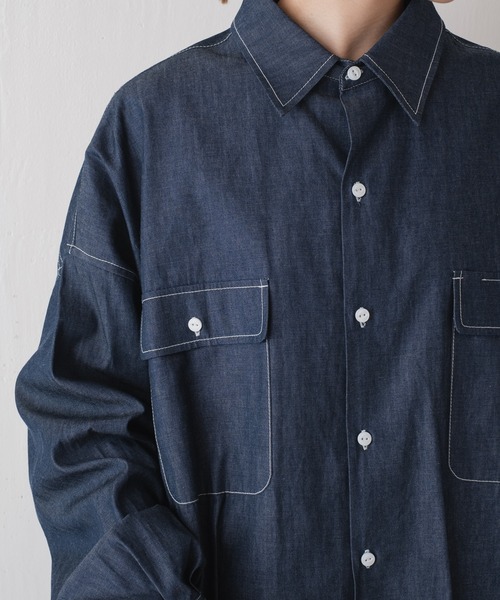 WHIMSIC（ウィムジック）の「【WHIMSIC】デニムビッグワークシャツ（シャツ/ブラウス・レディース・ネイビー/ホワイト・FREE）」の14枚目の写真
