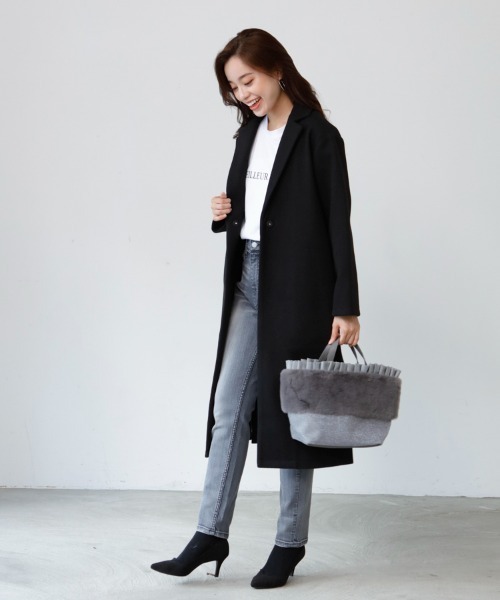 M.deux(エムドゥ)の「カットメルトンチェスターコート(チェスターコート・レディース・ベージュ/ブラック/レッド・MEDIUM)」の2枚目の写真