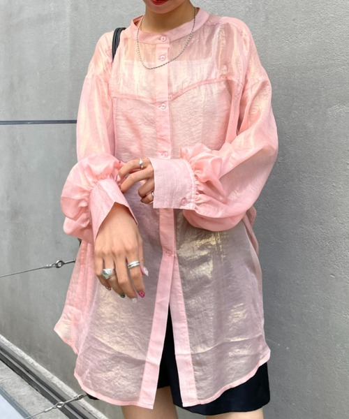 CIAOPANIC（チャオパニック）の「春夏に欠かせない、ラメシアーバンドカラーシャツ（シャツ/ブラウス・レディース・アイボリー/サックスブルー/イエロー/ピンク・FREE）」の16枚目の写真