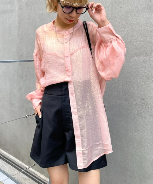 CIAOPANIC（チャオパニック）の「春夏に欠かせない、ラメシアーバンドカラーシャツ（シャツ/ブラウス・レディース・アイボリー/サックスブルー/イエロー/ピンク・FREE）」の21枚目の写真