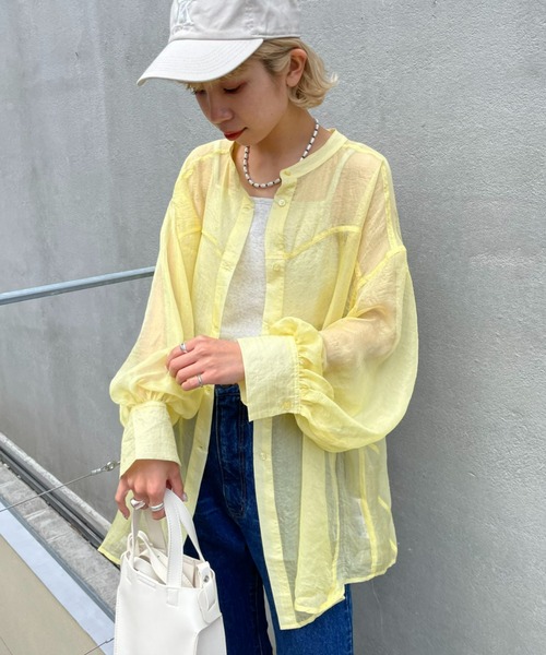 CIAOPANIC（チャオパニック）の「春夏に欠かせない、ラメシアーバンドカラーシャツ（シャツ/ブラウス・レディース・アイボリー/サックスブルー/イエロー/ピンク・FREE）」の14枚目の写真