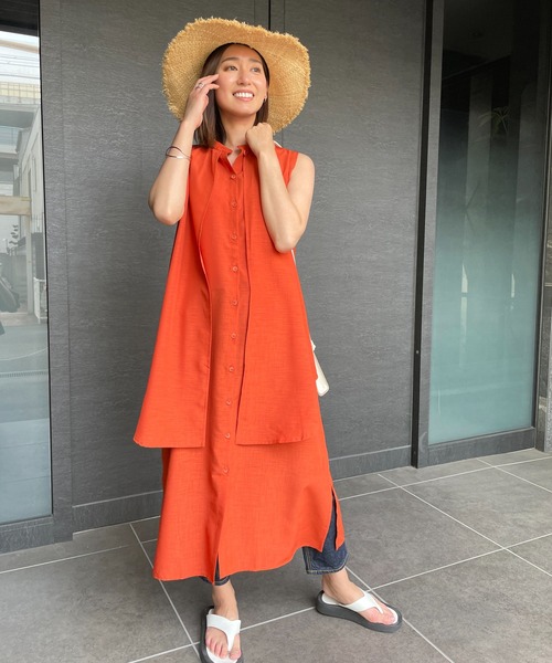 StyleSea（スタイルシー）の「スラブジョーゼットレイヤードライクジレワンピース（ワンピース・レディース・ホワイト/レンガ/ブラック/グリーン・MEDIUM）」の5枚目の写真
