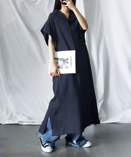 me+em select（ミームセレクト）の「【 ビッグシルエット／ポケット付 】スキッパーシャツスリットドルマンロングワンピース（ワンピース・レディース・ブラウン/グリーン/ブラック/ベージュ/チャコール/アイボリー・FREE）」の15枚目の写真