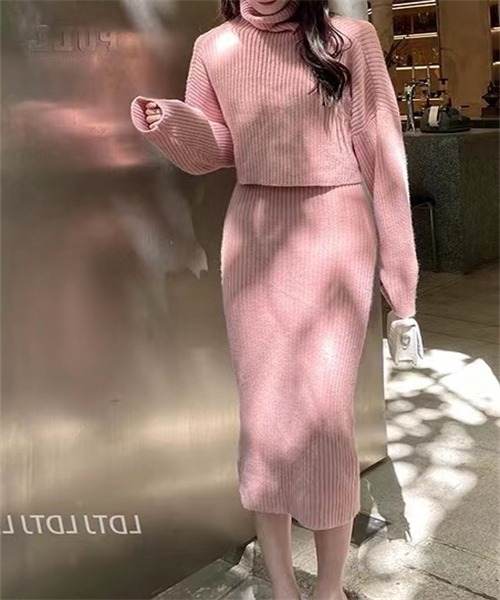 Dream garden(ドリームガーデン)の「タートルネックプルオーバー×ノースリワンピ リブニットセットアップ(ワンピース・レディース・ベージュ/ピンク/ブルー/ブラック・FREE)」の4枚目の写真