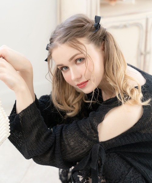 DearMyLoveRose（ディアマイラブローズ）の「ショルダーリボンスリット透かしニット（ニット/セーター・レディース・ホワイト/グレー/ブラック/ベビーピンク・M-L/LL～3L）」の6枚目の写真