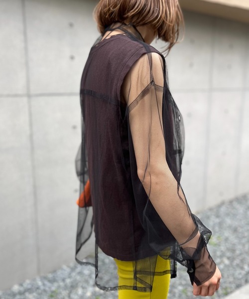 mi via loca（ミヴィアロカ）の「チュールバンドカラーシャツ（シャツ/ブラウス・レディース・ブラック/オフホワイト/ブルーグリーン・FREE）」の7枚目の写真