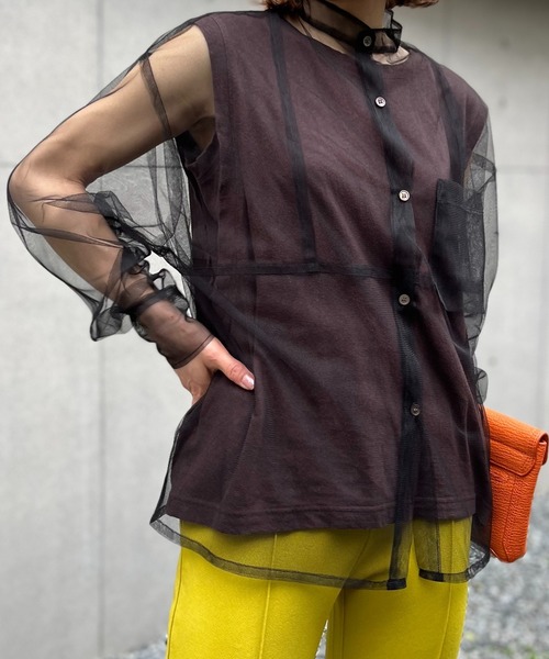 mi via loca（ミヴィアロカ）の「チュールバンドカラーシャツ（シャツ/ブラウス・レディース・ブラック/オフホワイト/ブルーグリーン・FREE）」の15枚目の写真