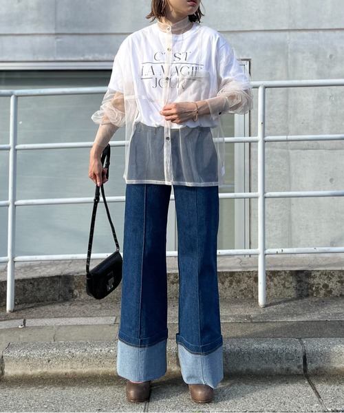 mi via loca（ミヴィアロカ）の「チュールバンドカラーシャツ（シャツ/ブラウス・レディース・ブラック/オフホワイト/ブルーグリーン・FREE）」の4枚目の写真