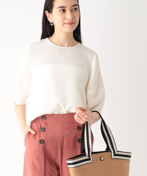 シアーチェックランタンスリーブブラウス【洗える/イージーケア】