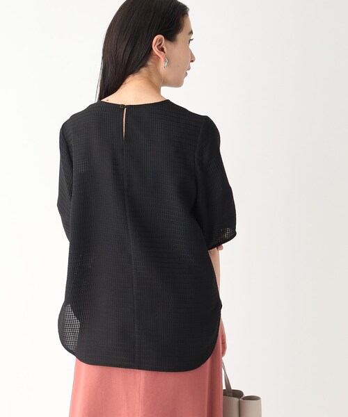 シアーチェックランタンスリーブブラウス【洗える/イージーケア】