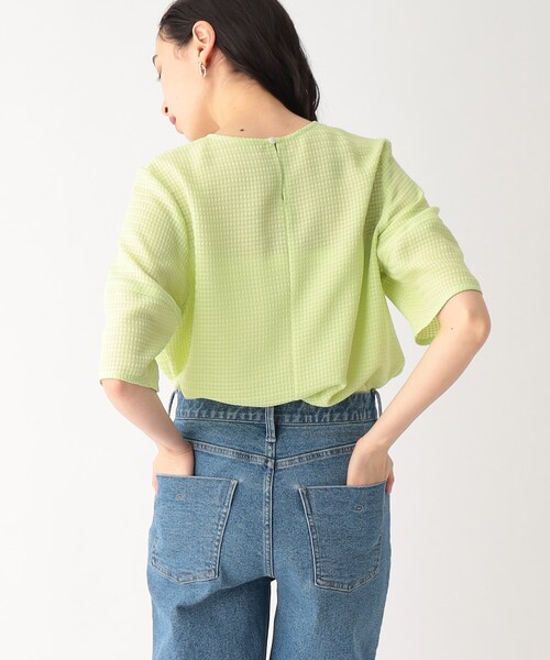 シアーチェックランタンスリーブブラウス【洗える/イージーケア】