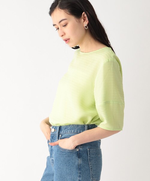 シアーチェックランタンスリーブブラウス【洗える/イージーケア】