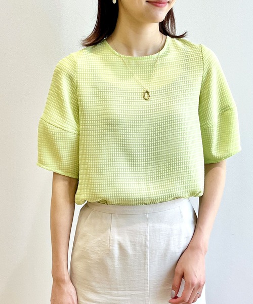 シアーチェックランタンスリーブブラウス【洗える/イージーケア】