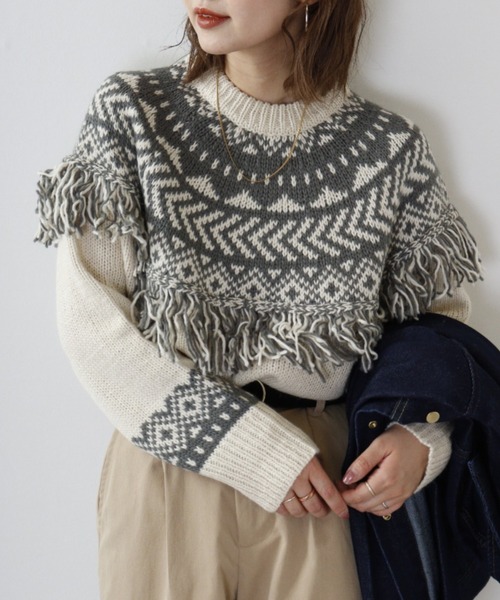 hunch(ハンチ)の「hunch 3.5Gロービング A/Wシングルジャガード PO(ニット/セーター・レディース・チャコール/ライトベージュ/ブルー・FREE)」の3枚目の写真