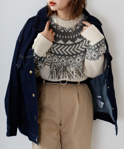 hunch(ハンチ)の「hunch 3.5Gロービング A/Wシングルジャガード PO(ニット/セーター・レディース・チャコール/ライトベージュ/ブルー・FREE)」の13枚目の写真