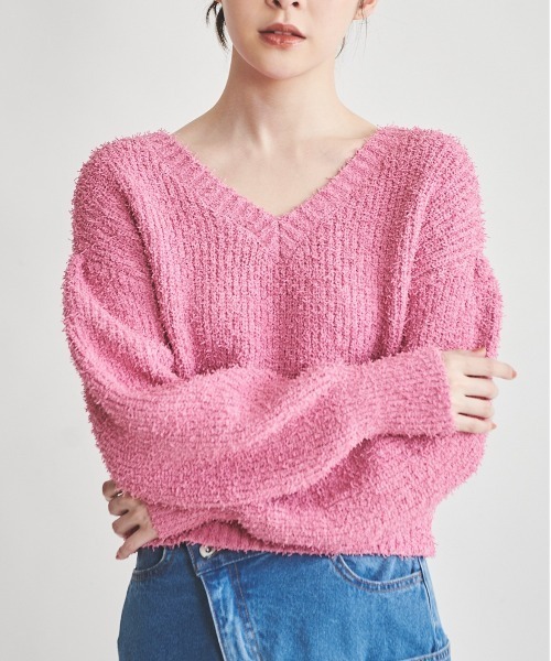 31 Sons de mode（トランテアン　ソン　ドゥ　モード）の「カールヤーンＶネックニット（ニット/セーター・レディース・ブラック×ホワイト/オフホワイト/ピンク/ブルー・36）」の14枚目の写真