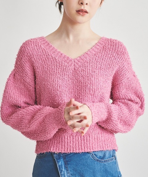 31 Sons de mode（トランテアン　ソン　ドゥ　モード）の「カールヤーンＶネックニット（ニット/セーター・レディース・ブラック×ホワイト/オフホワイト/ピンク/ブルー・36）」の15枚目の写真