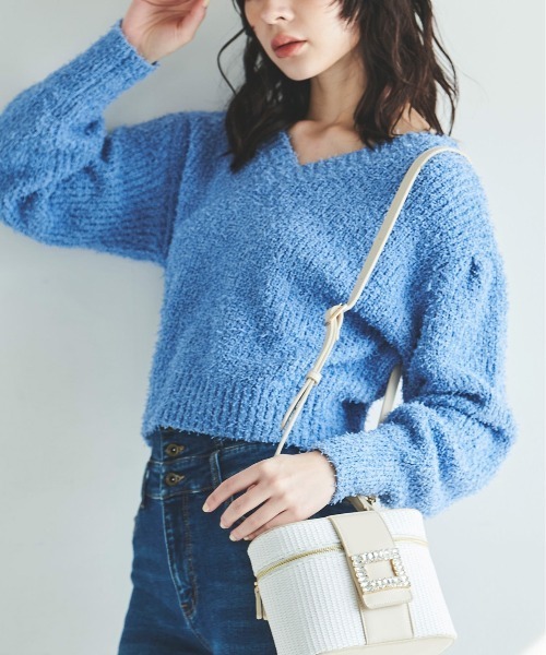 31 Sons de mode（トランテアン　ソン　ドゥ　モード）の「カールヤーンＶネックニット（ニット/セーター・レディース・ブラック×ホワイト/オフホワイト/ピンク/ブルー・36）」の20枚目の写真