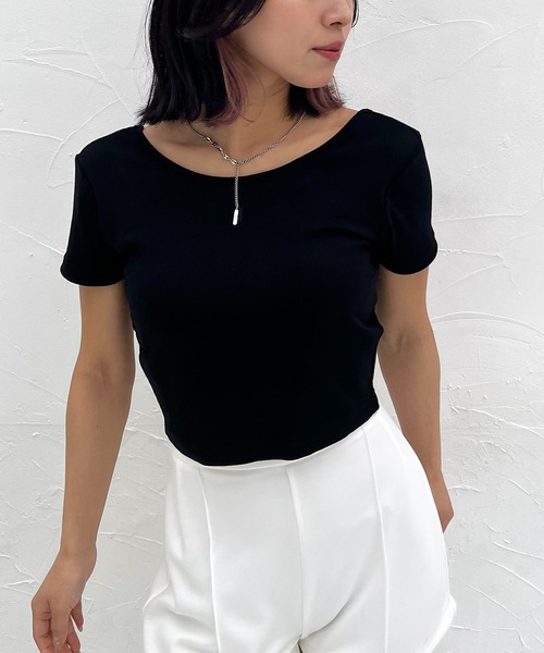 SPIRALGIRL（スパイラルガール）の「パット付きバックオープンリブトップス（Tシャツ/カットソー・レディース・ブラック/グレー/ホワイト・FREE）」の10枚目の写真