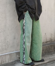 13oz パイソン 蛇柄 ライン ルーズ フレア デニム パンツ