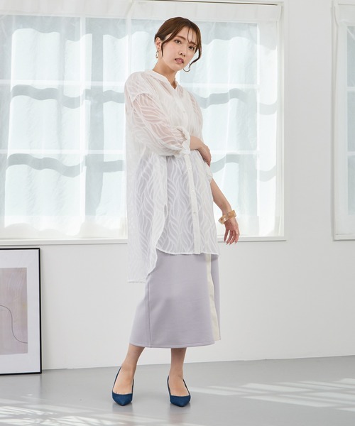 NICOLE white（ニコルホワイト）の「フロント配色ライン タイトスカート／ダンボールポンチ（スカート・レディース・チャコールグレー/グレー/オフホワイト・FREE）」の15枚目の写真